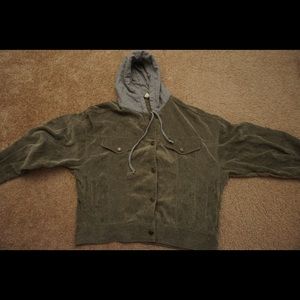 Green Corduroy   Button Up Jacket with Hood